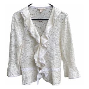 J M COLLECTION  CREAM CROCHET CARDIGAN